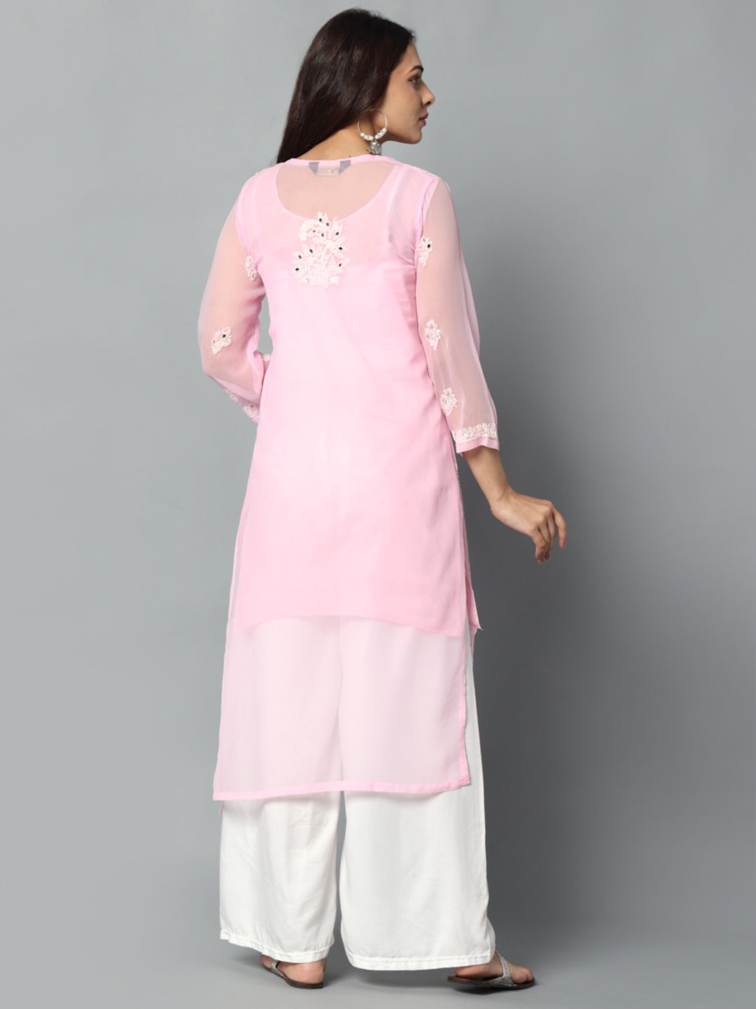 Chikankari Chiffon Georgette Straight Kurti With Real Pasted Mirror Work & Matching Cotton Inner