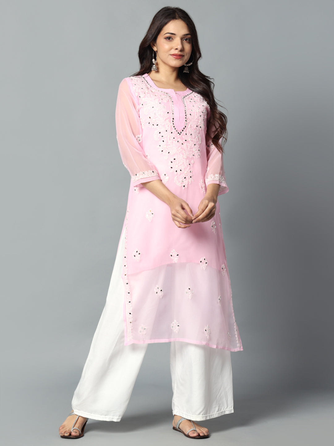 Chikankari Chiffon Georgette Straight Kurti With Real Pasted Mirror Work & Matching Cotton Inner