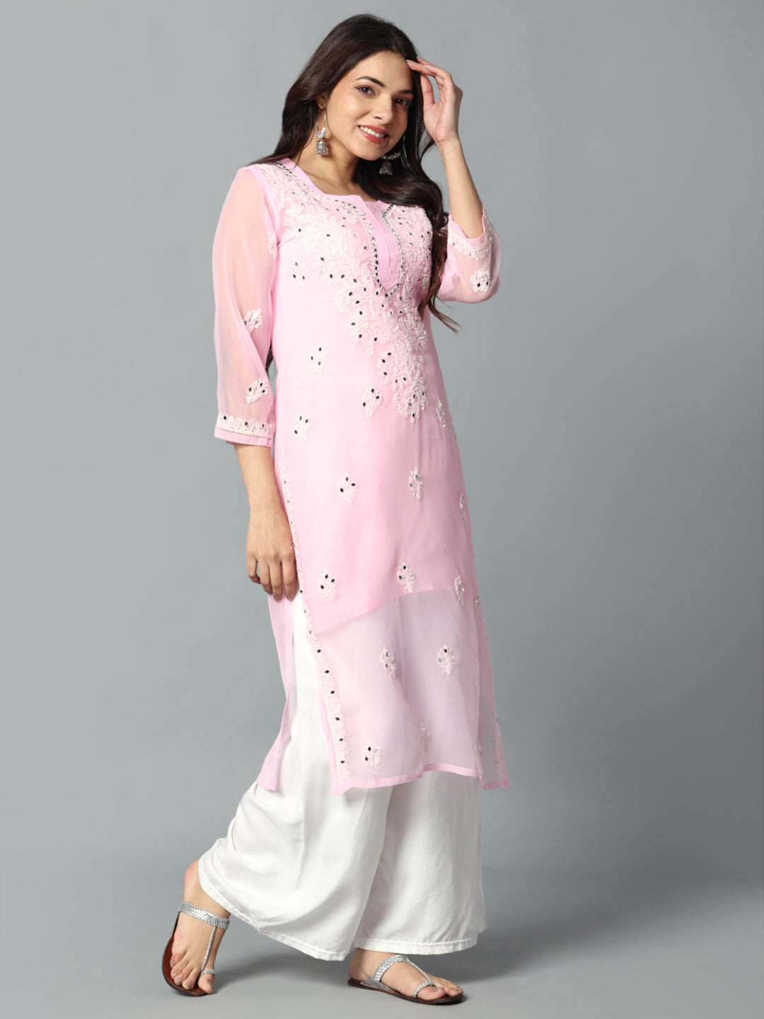 Chikankari Chiffon Georgette Straight Kurti With Real Pasted Mirror Work & Matching Cotton Inner