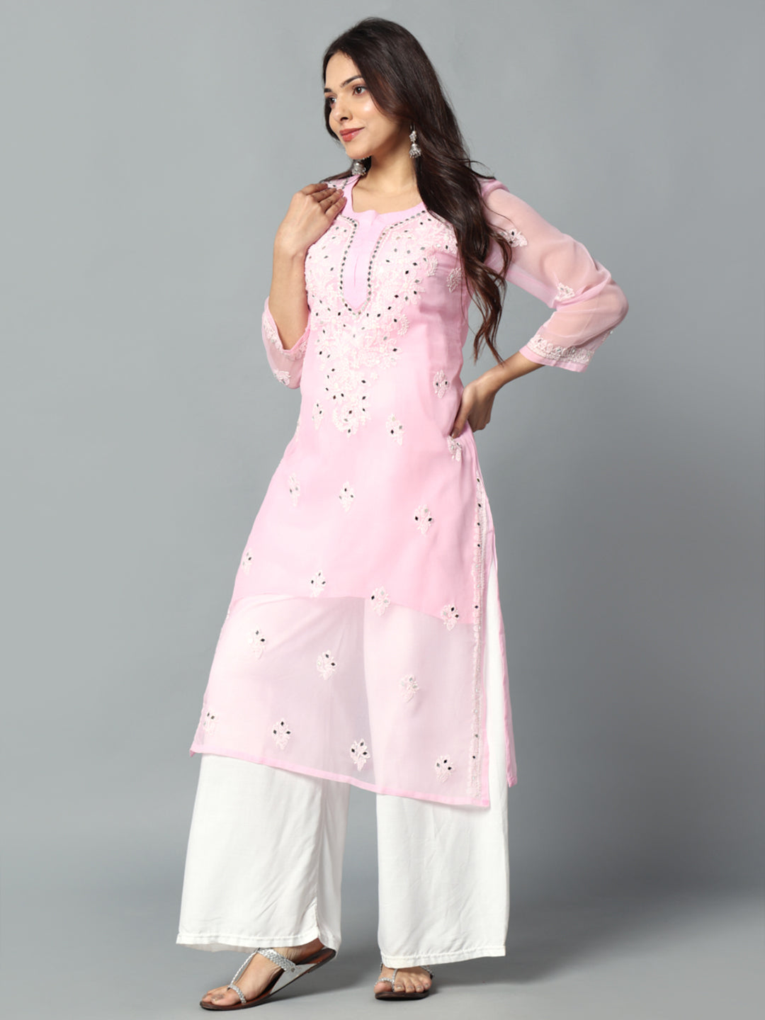 Chikankari Chiffon Georgette Straight Kurti With Real Pasted Mirror Work & Matching Cotton Inner