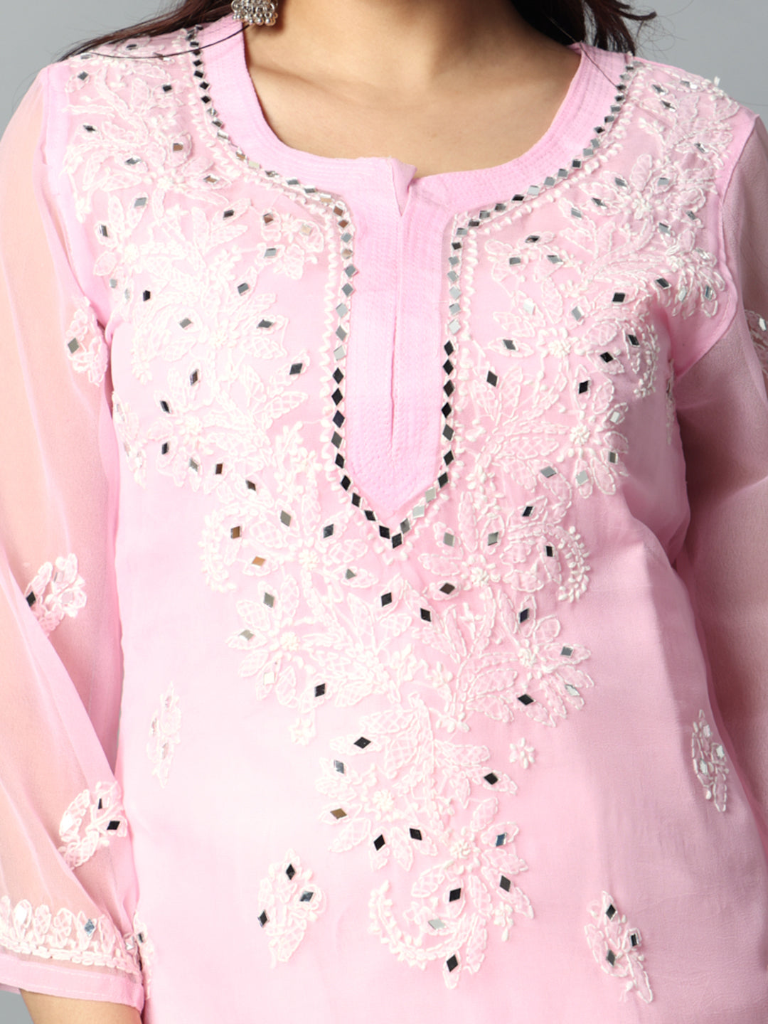 Chikankari Chiffon Georgette Straight Kurti With Real Pasted Mirror Work & Matching Cotton Inner