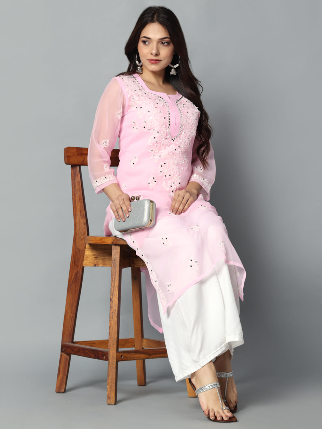 Chikankari Chiffon Georgette Straight Kurti With Real Pasted Mirror Work & Matching Cotton Inner