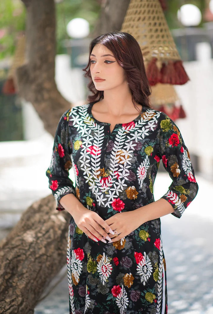 Nigaar Straight Fit Floral Print Rayon Kurti with Lucknowi Hand Embroidery for All Occasions