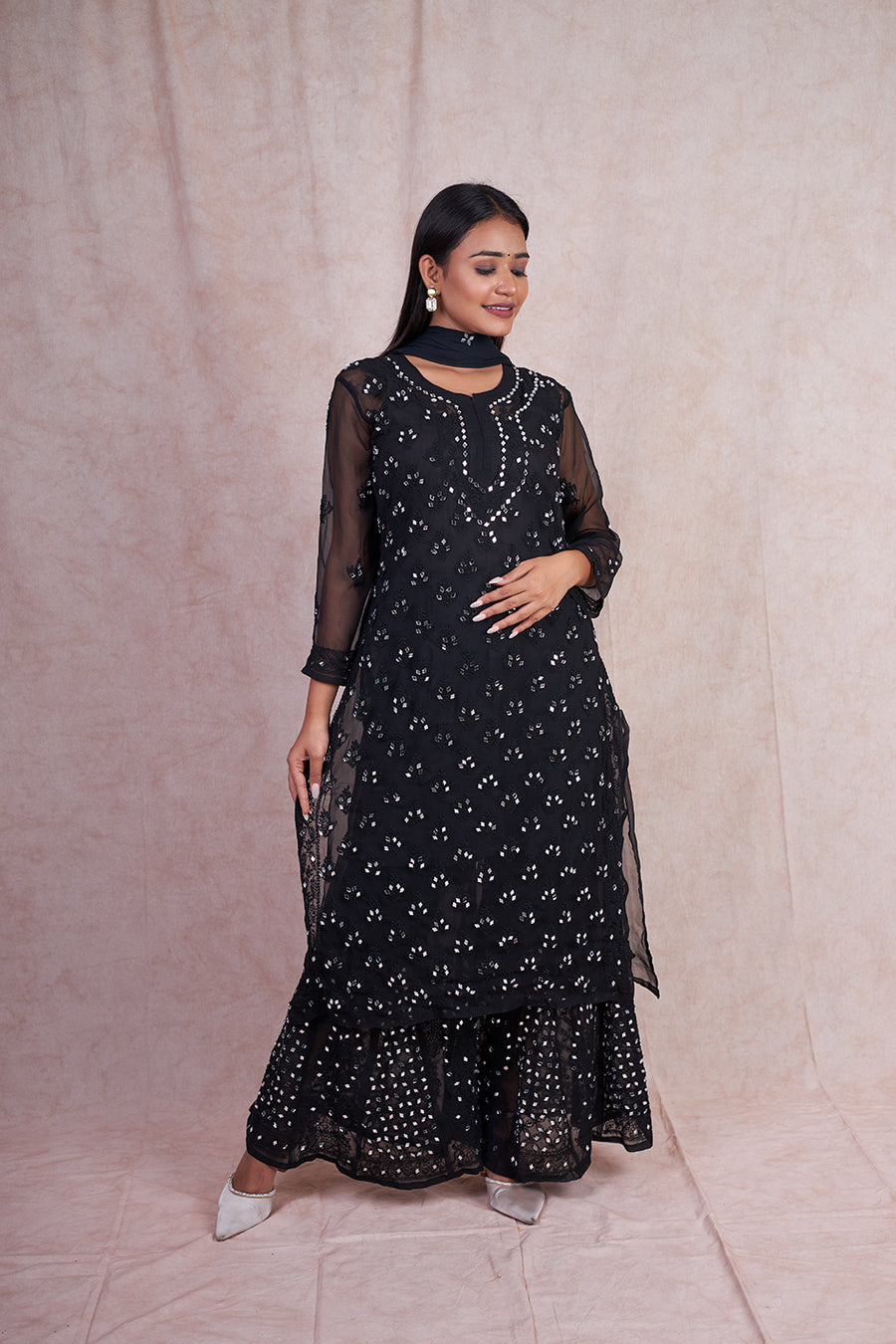 Premium Chiffon Georgette Mirror Work Kurti, Sharara & Dupatta Set With Free Matching Cotton Inner, Mirror Work 4-Piece Kurti Set