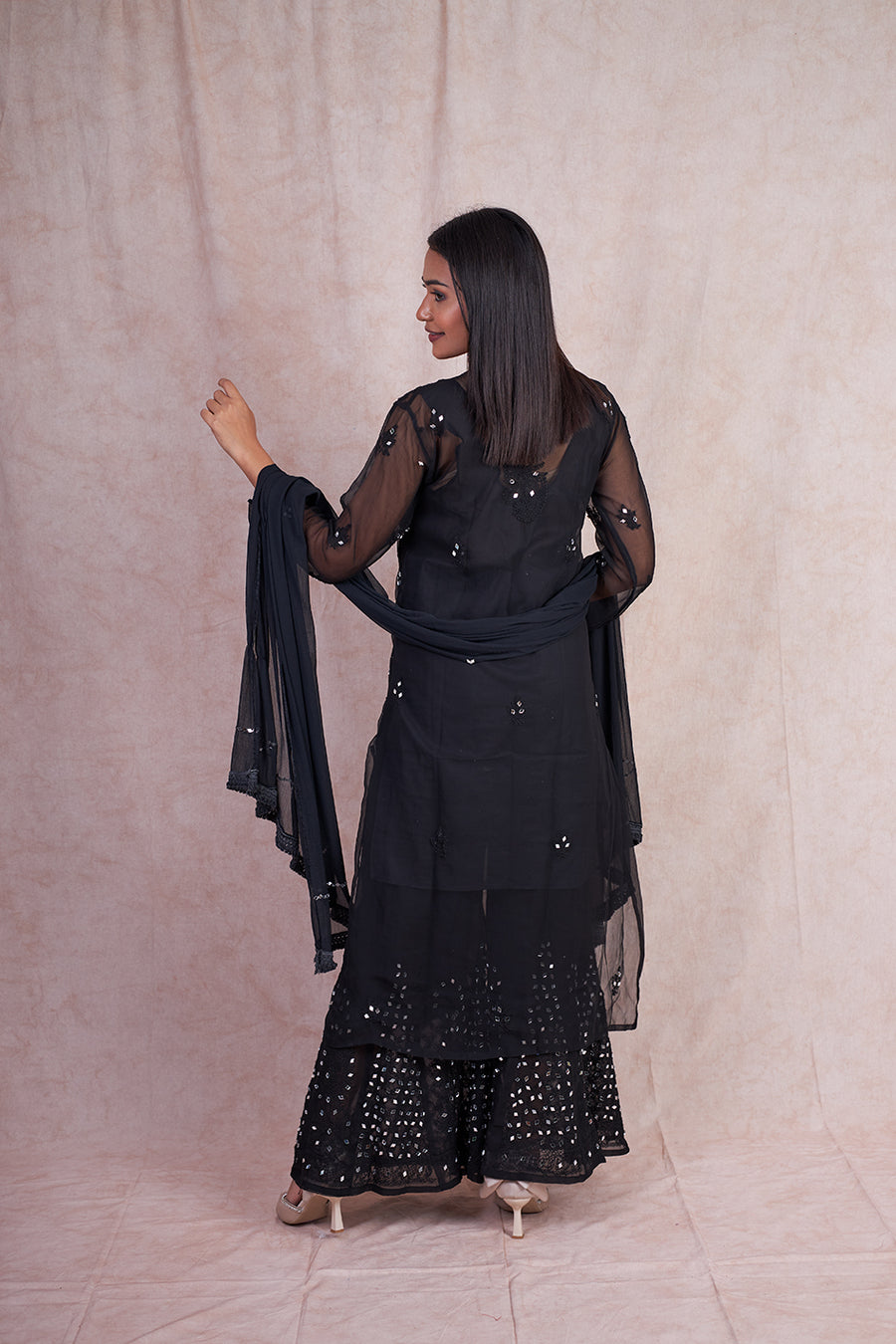 Premium Chiffon Georgette Mirror Work Kurti, Sharara & Dupatta Set With Free Matching Cotton Inner, Mirror Work 4-Piece Kurti Set