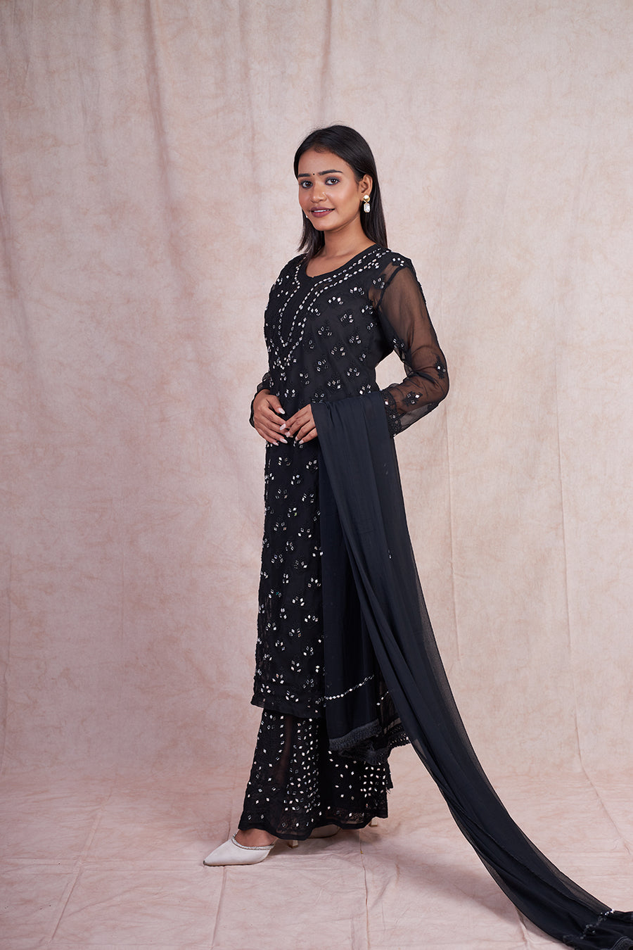 Premium Chiffon Georgette Mirror Work Kurti, Sharara & Dupatta Set With Free Matching Cotton Inner, Mirror Work 4-Piece Kurti Set