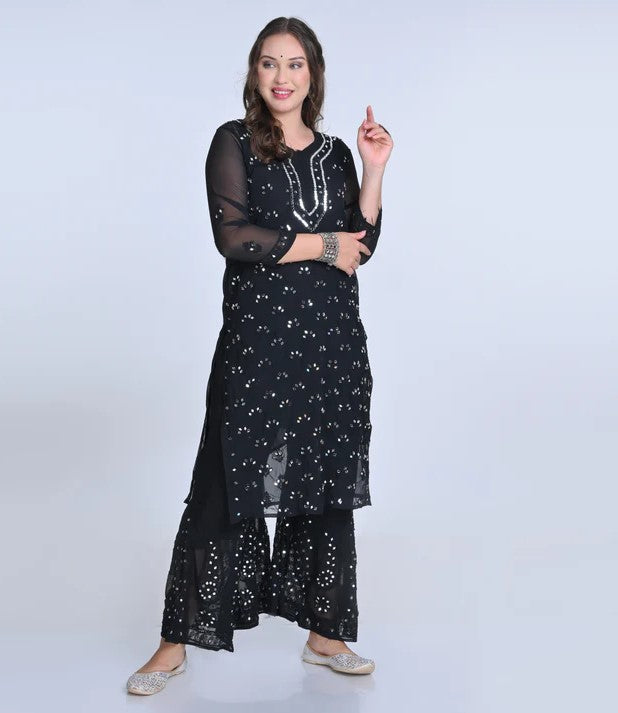 Premium Chiffon Georgette Mirror Work Kurti, Sharara & Dupatta Set With Free Matching Cotton Inner, Mirror Work 4-Piece Kurti Set