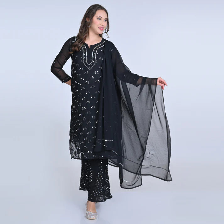 Premium Chiffon Georgette Mirror Work Kurti, Sharara & Dupatta Set With Free Matching Cotton Inner, Mirror Work 4-Piece Kurti Set