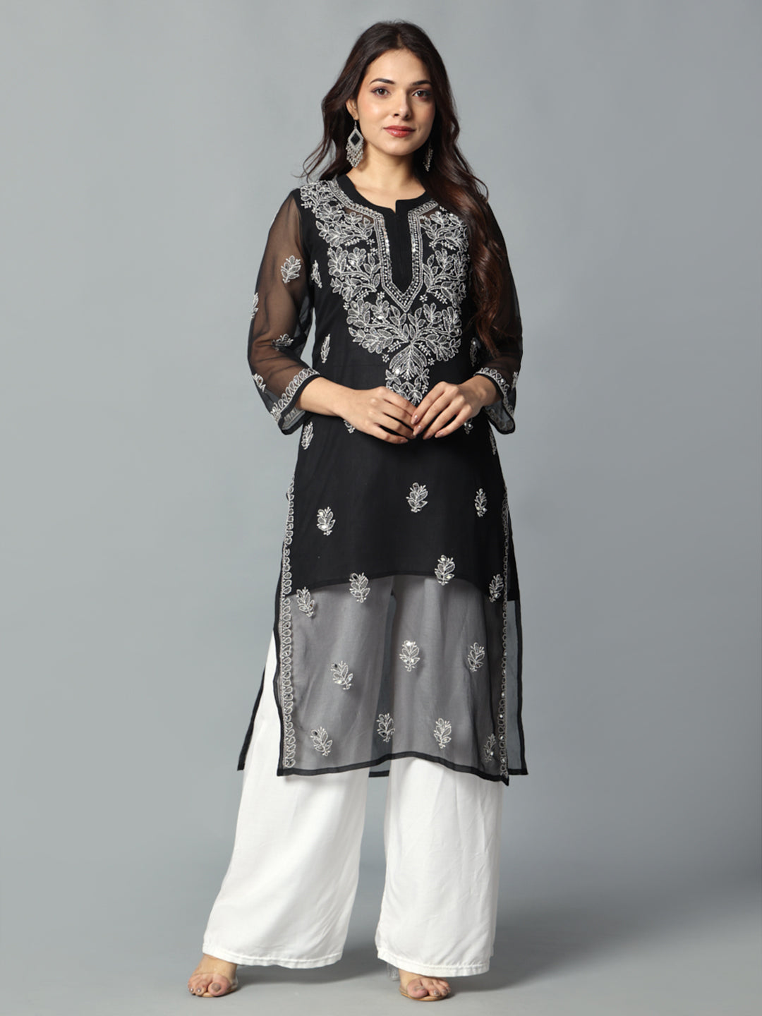 Chikankari Chiffon Georgette Straight Kurti With Real Pasted Mirror Work & Matching Cotton Inner