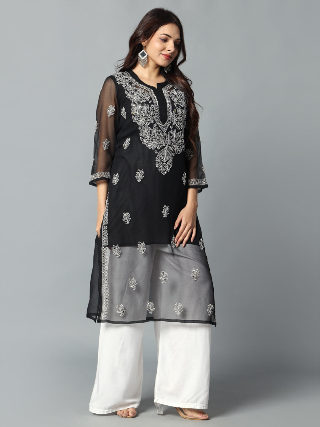 Chikankari Chiffon Georgette Straight Kurti With Real Pasted Mirror Work & Matching Cotton Inner