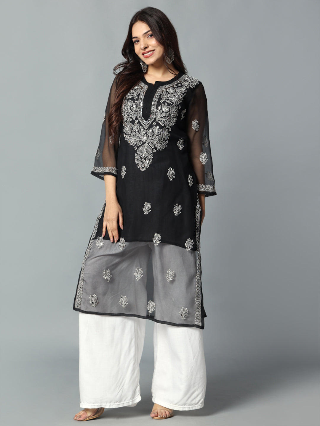 Chikankari Chiffon Georgette Straight Kurti With Real Pasted Mirror Work & Matching Cotton Inner