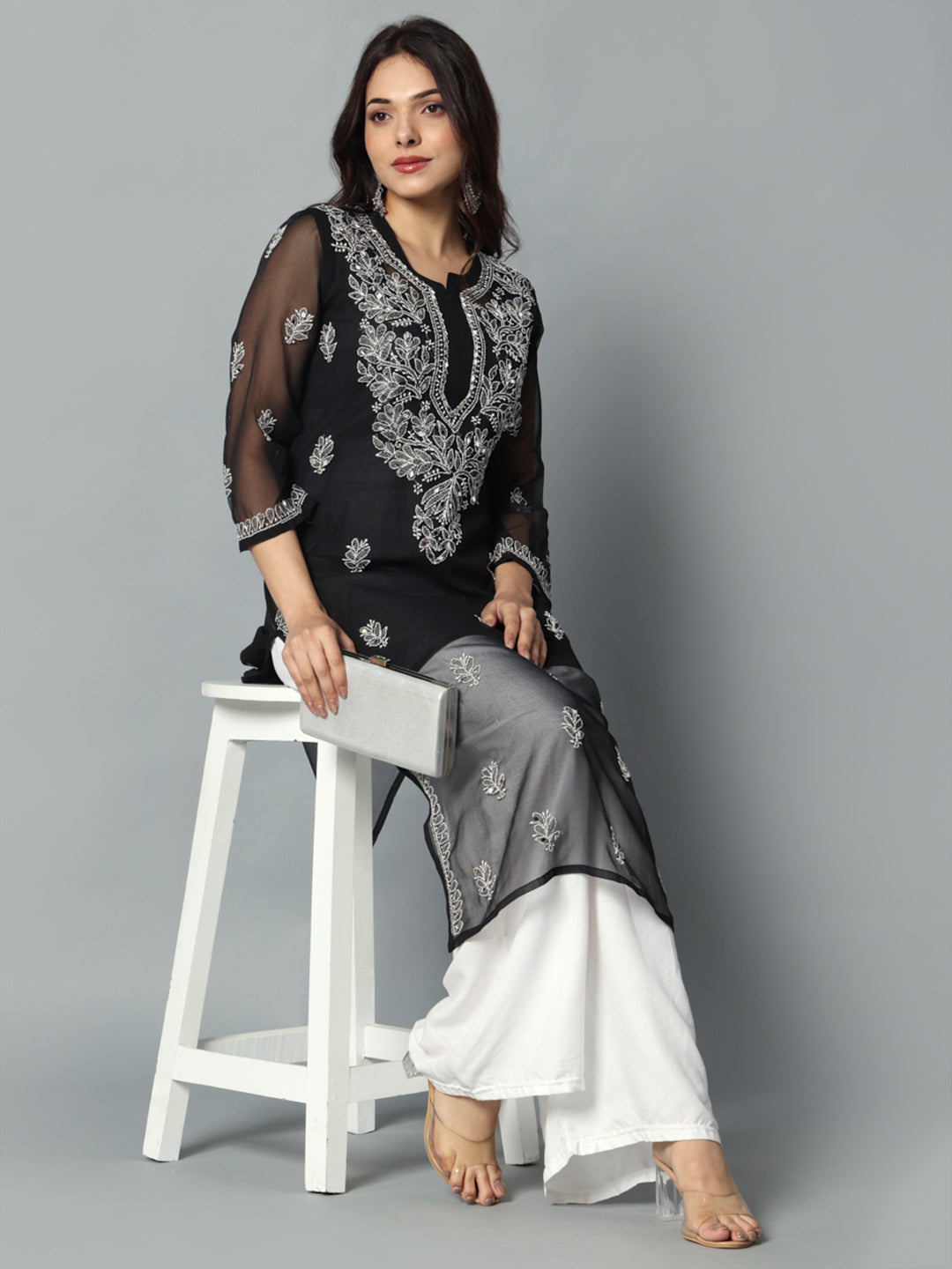 Chikankari Chiffon Georgette Straight Kurti With Real Pasted Mirror Work & Matching Cotton Inner