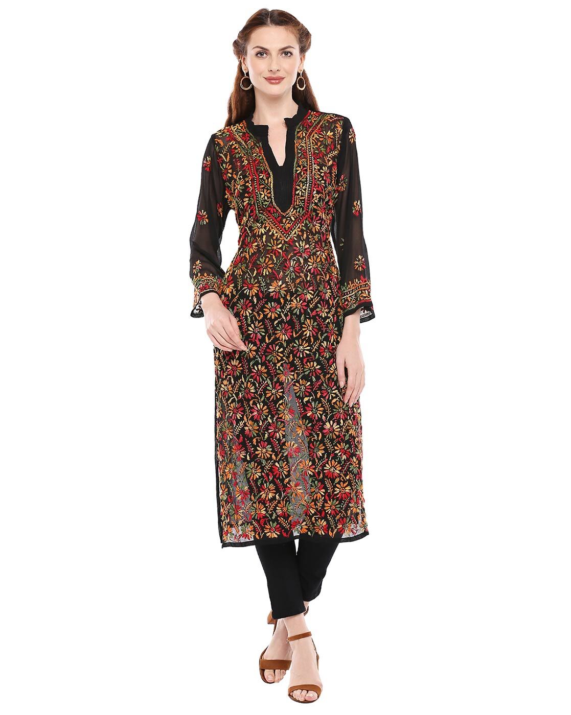 Women's Black Chiffon Georgette Chikankari Kurti with Multi-Thread Embroidery & Free Cotton Inner