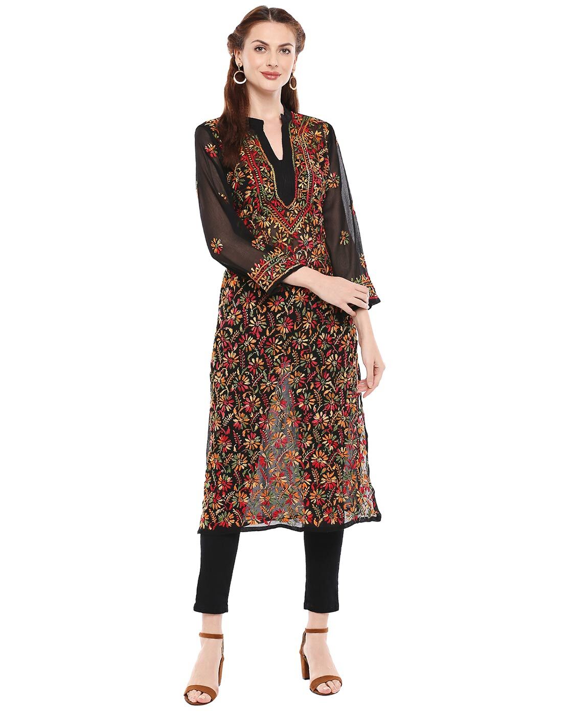 Women's Black Chiffon Georgette Chikankari Kurti with Multi-Thread Embroidery & Free Cotton Inner