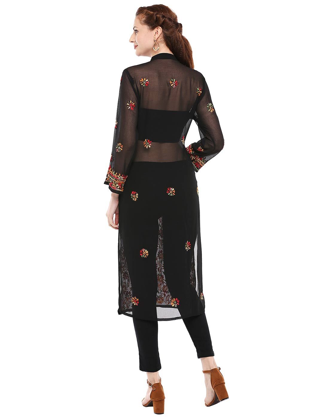 Women's Black Chiffon Georgette Chikankari Kurti with Multi-Thread Embroidery & Free Cotton Inner