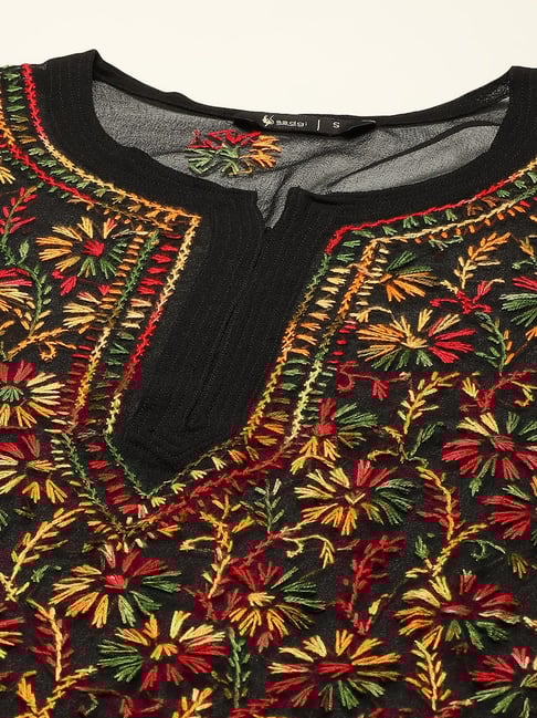 Women's Black Chiffon Georgette Chikankari Kurti with Multi-Thread Embroidery & Free Cotton Inner