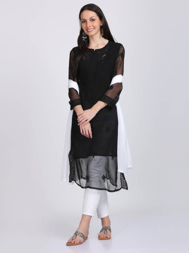 Women's Chiffon Georgette Chikankari Ton-to-Ton Kurti with Inner & White Lycra Pant Set