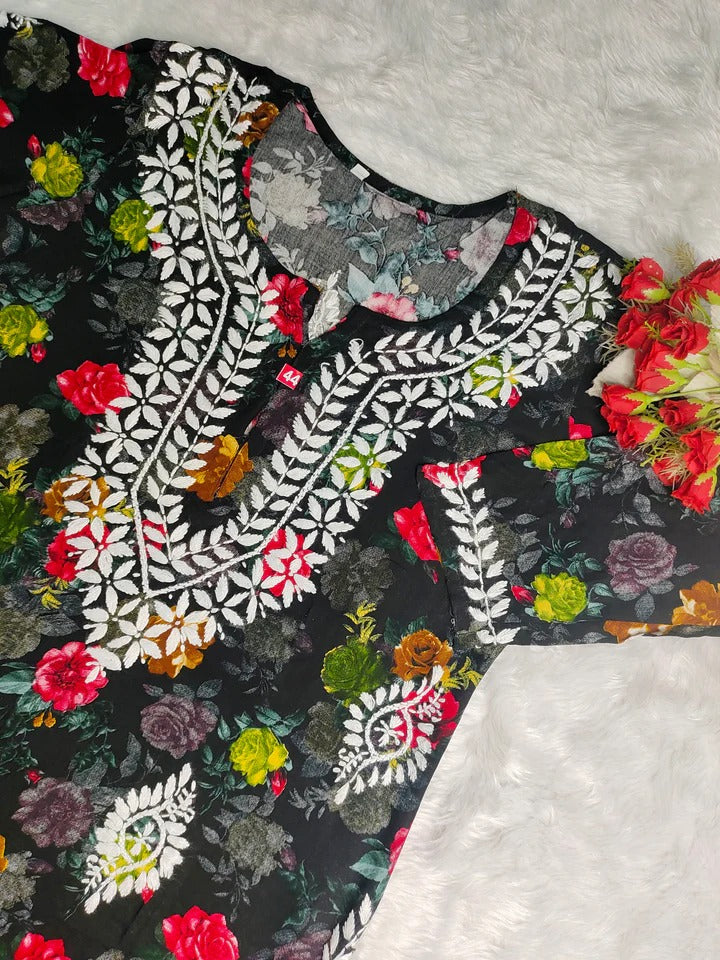 Nigaar Straight Fit Floral Print Rayon Kurti with Lucknowi Hand Embroidery for All Occasions