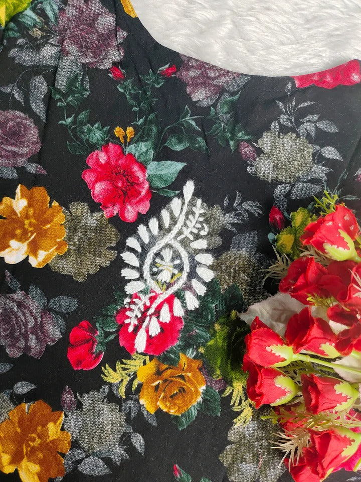 Nigaar Straight Fit Floral Print Rayon Kurti with Lucknowi Hand Embroidery for All Occasions