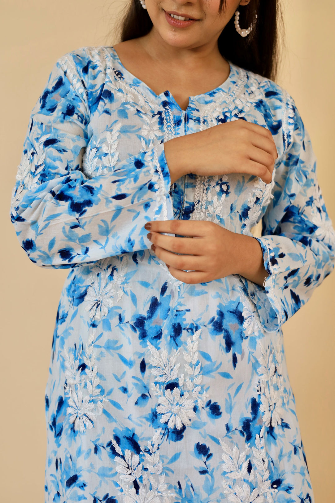 Women's Super Comfy Pure Mulmul Floral Print Lucknowi Chikankari Straight Long Kurti