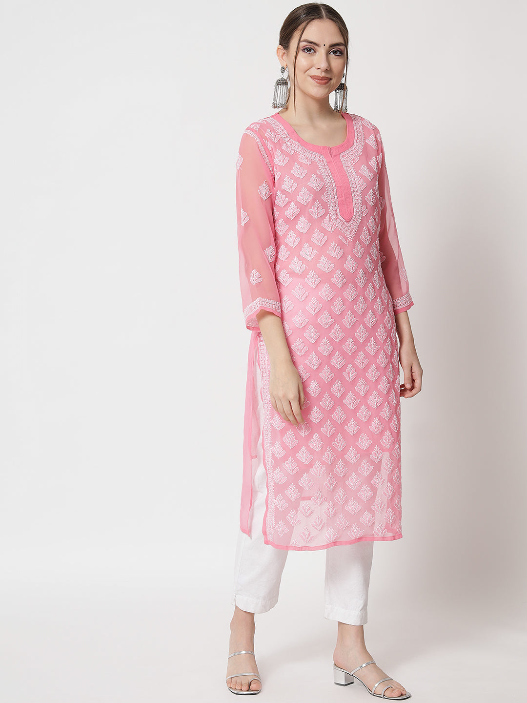 Women's Chiffon Georgette Chikankari Booti Jaal Kurti With Matching Cotton Inner