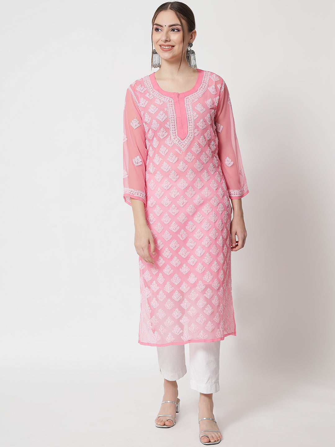 Women's Chiffon Georgette Chikankari Booti Jaal Kurti With Matching Cotton Inner