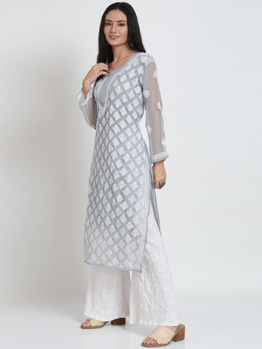 Women's Chiffon Georgette Chikankari Booti Jaal Kurti With Matching Cotton Inner