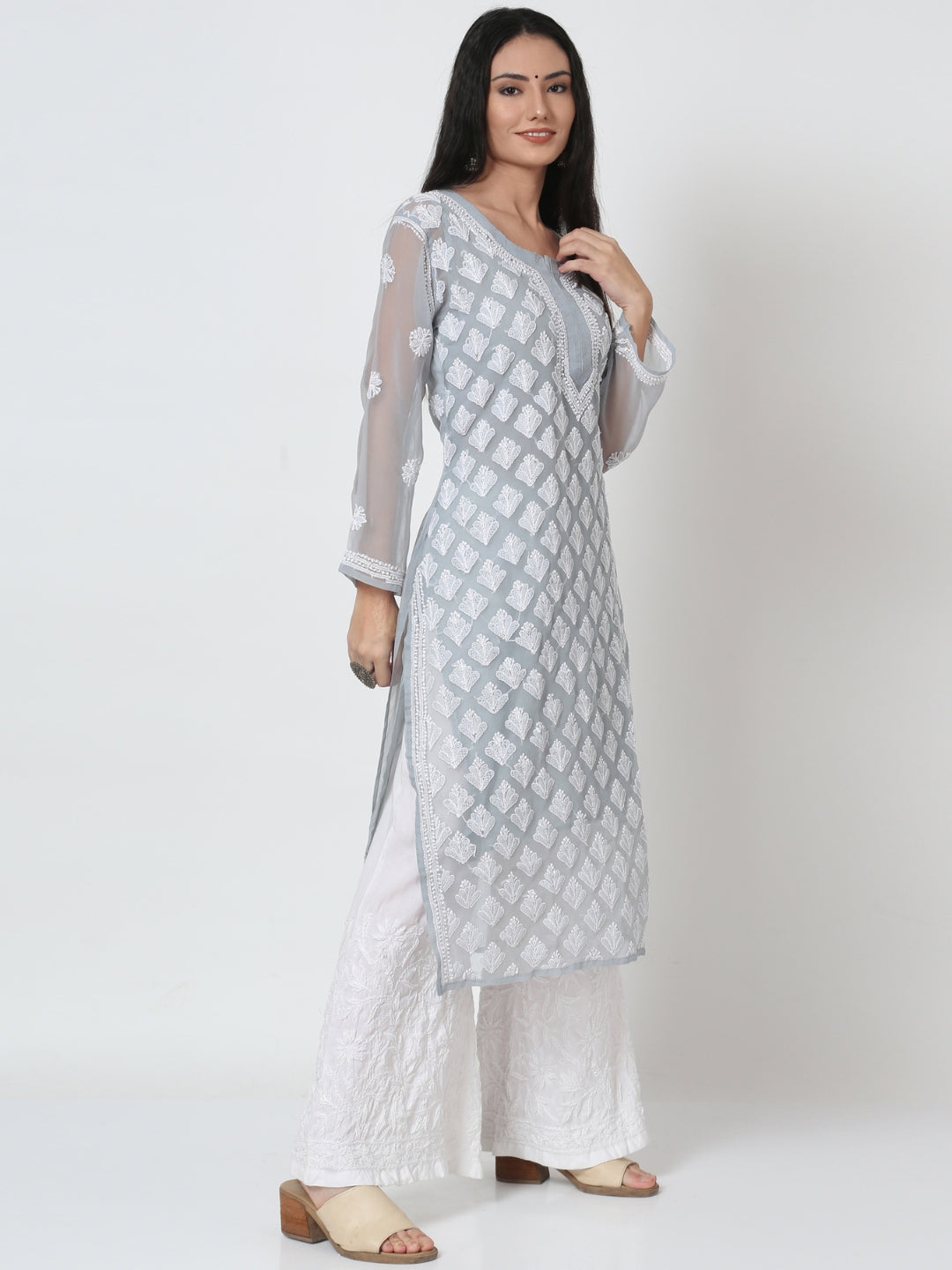 Women's Chiffon Georgette Chikankari Booti Jaal Kurti With Matching Cotton Inner