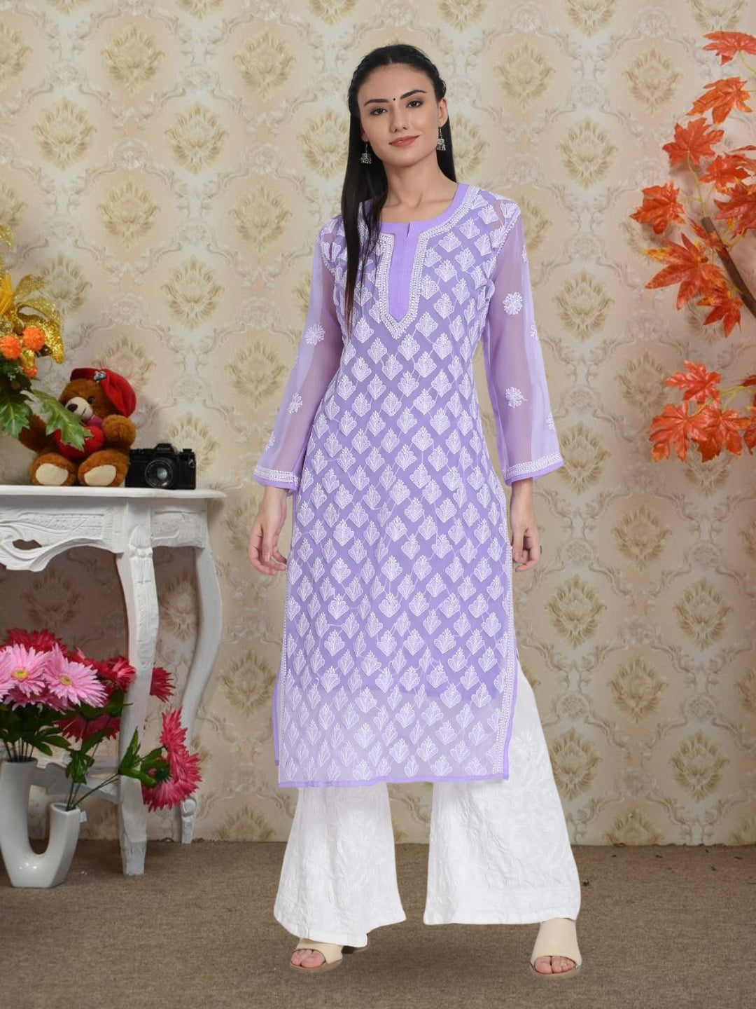 Women's Chiffon Georgette Chikankari Booti Jaal Kurti With Matching Cotton Inner