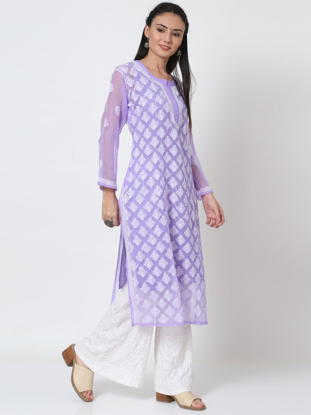Women's Chiffon Georgette Chikankari Booti Jaal Kurti With Matching Cotton Inner