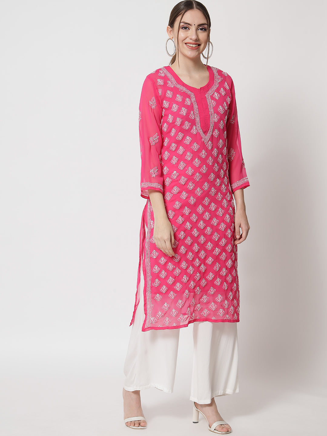 Women's Chiffon Georgette Chikankari Booti Jaal Kurti With Matching Cotton Inner