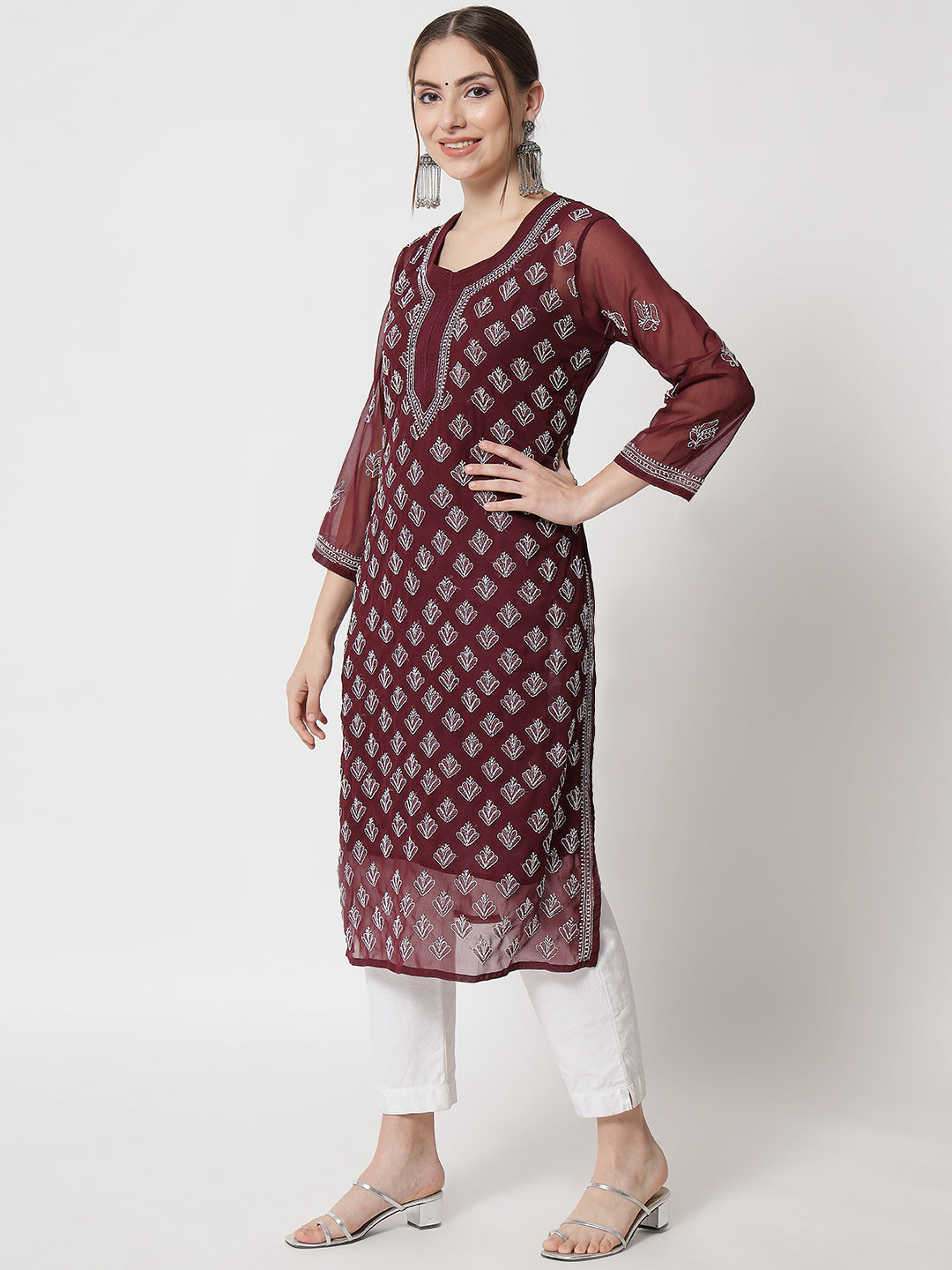 Women's Chiffon Georgette Chikankari Booti Jaal Kurti With Matching Cotton Inner