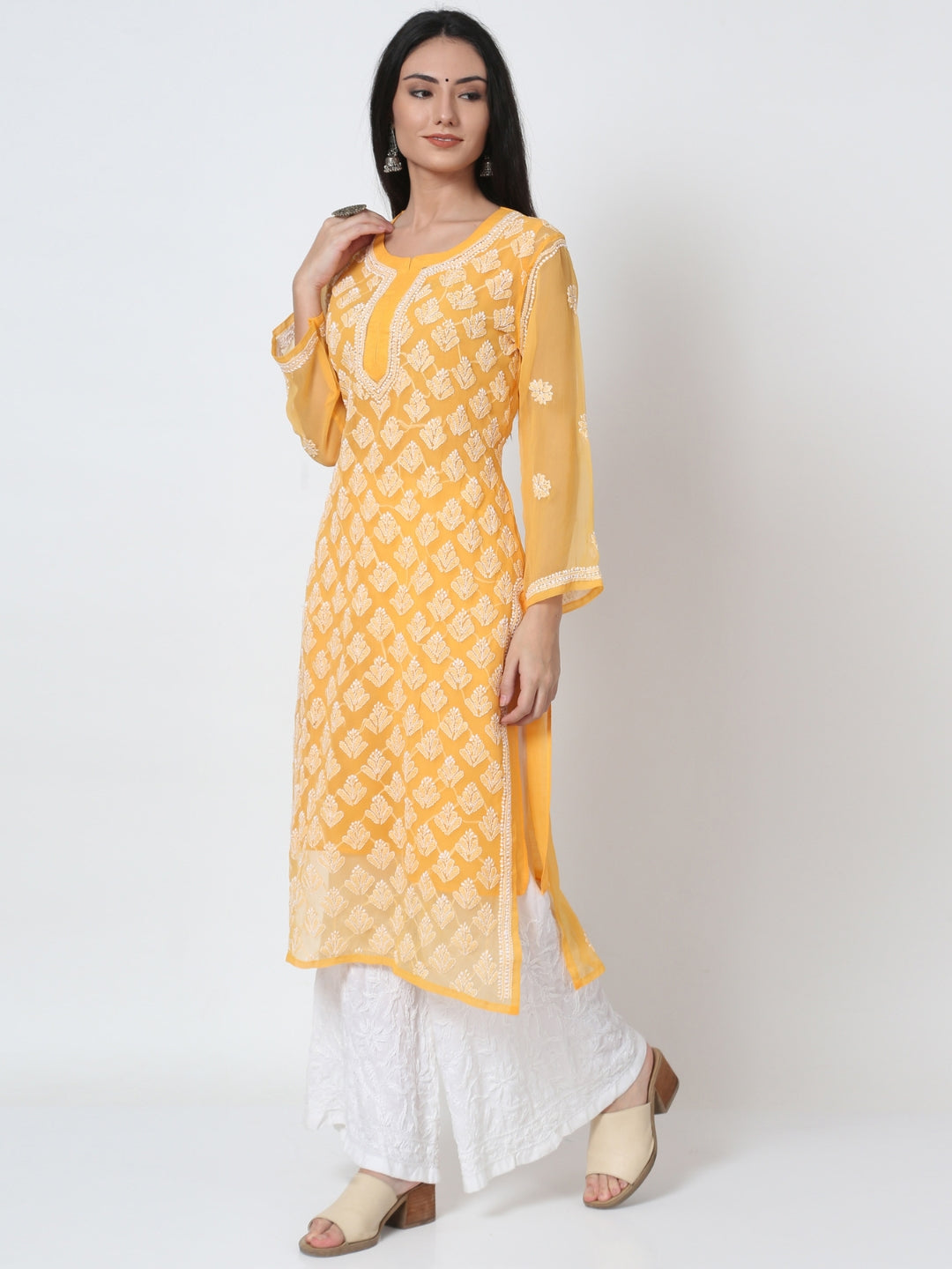 Women's Chiffon Georgette Chikankari Booti Jaal Kurti With Matching Cotton Inner