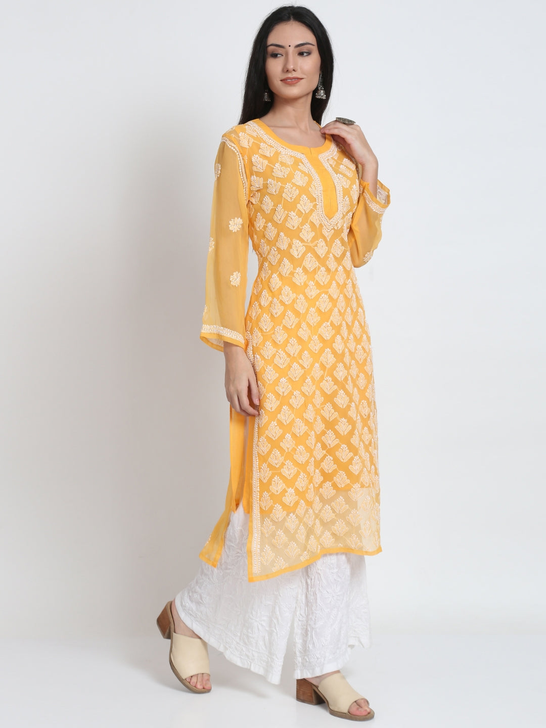 Women's Chiffon Georgette Chikankari Booti Jaal Kurti With Matching Cotton Inner