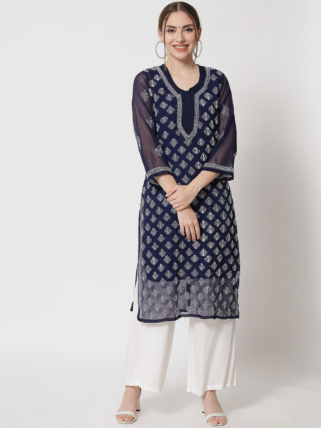 Women's Chiffon Georgette Chikankari Booti Jaal Kurti With Matching Cotton Inner