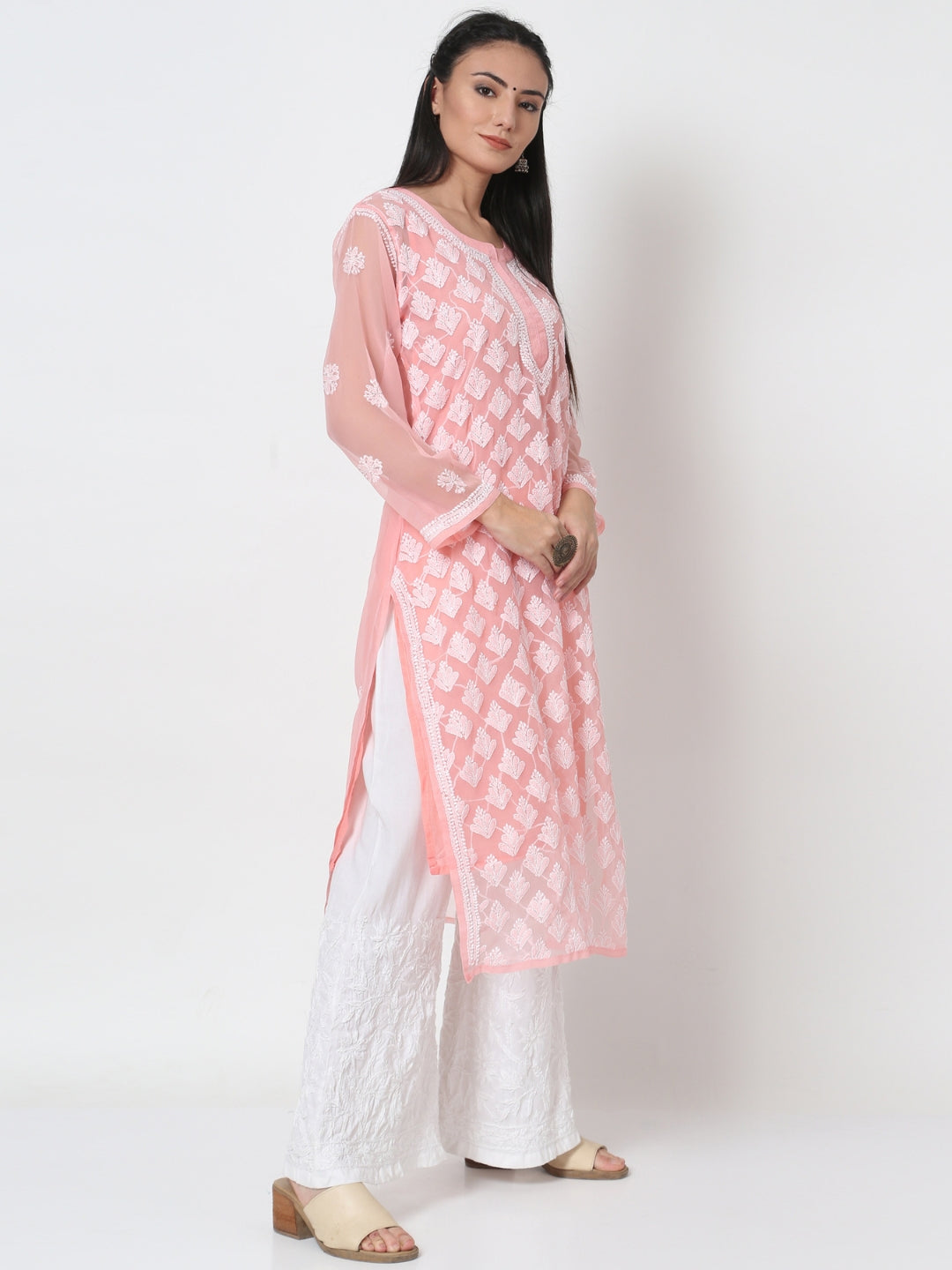 Women's Chiffon Georgette Chikankari Booti Jaal Kurti With Matching Cotton Inner