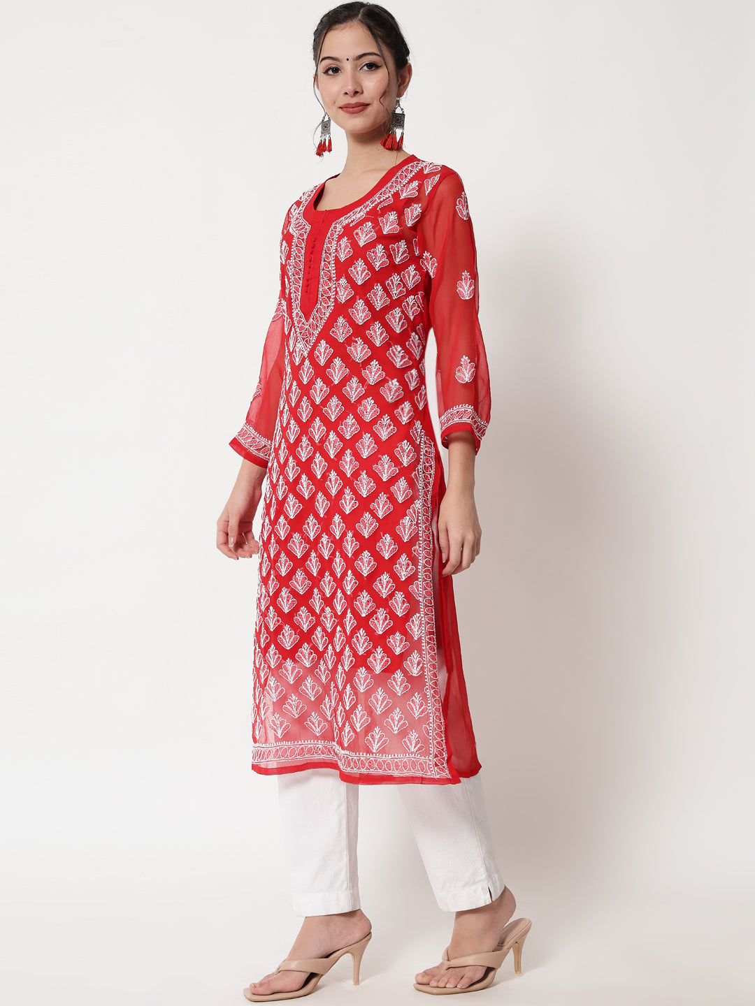 Women's Chiffon Georgette Chikankari Booti Jaal Kurti With Matching Cotton Inner