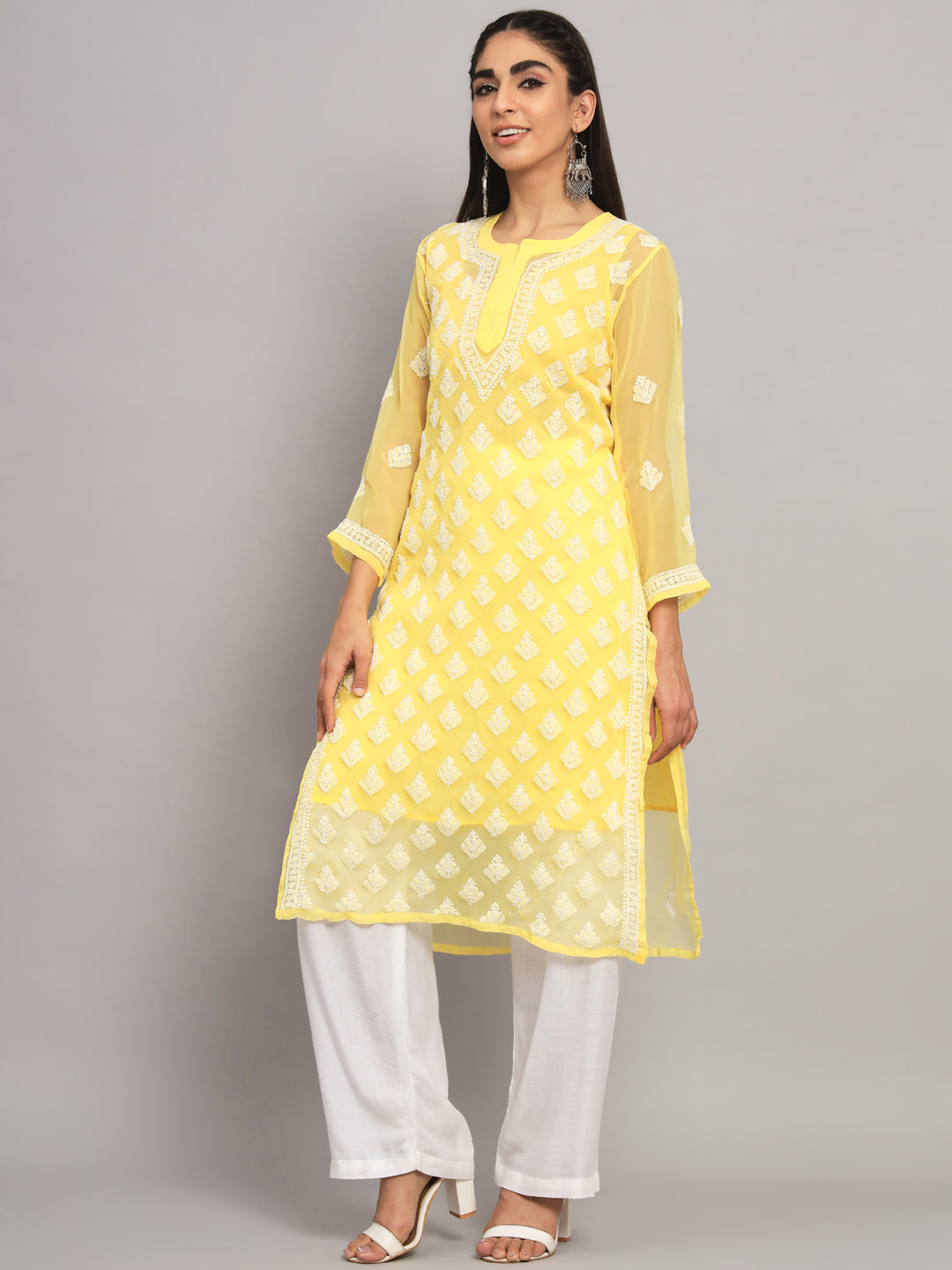Women's Chiffon Georgette Chikankari Booti Jaal Kurti With Matching Cotton Inner