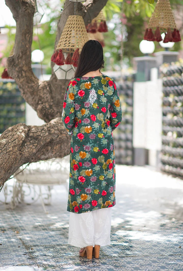 Nigaar Straight Fit Floral Print Rayon Kurti with Lucknowi Hand Embroidery for All Occasions