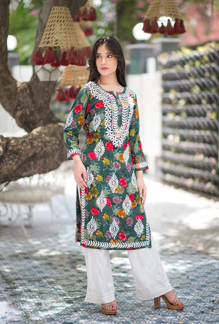 Nigaar Straight Fit Floral Print Rayon Kurti with Lucknowi Hand Embroidery for All Occasions