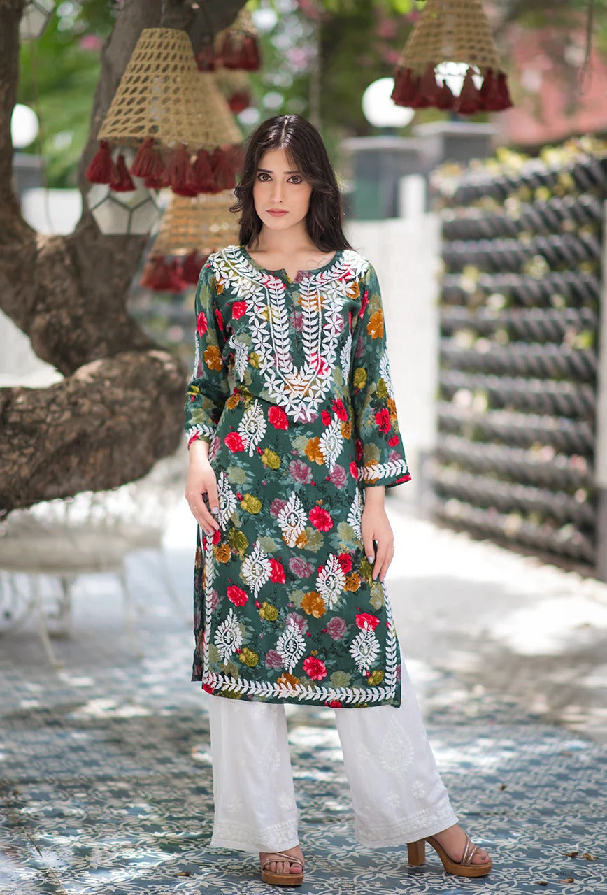 Nigaar Straight Fit Floral Print Rayon Kurti with Lucknowi Hand Embroidery for All Occasions