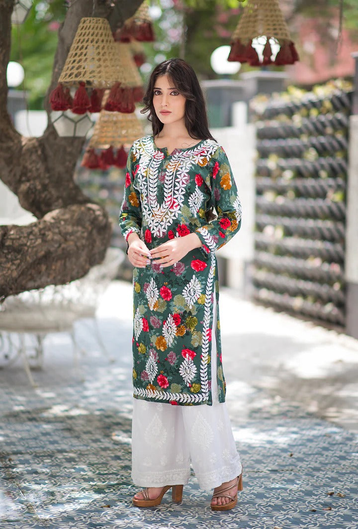 Nigaar Straight Fit Floral Print Rayon Kurti with Lucknowi Hand Embroidery for All Occasions