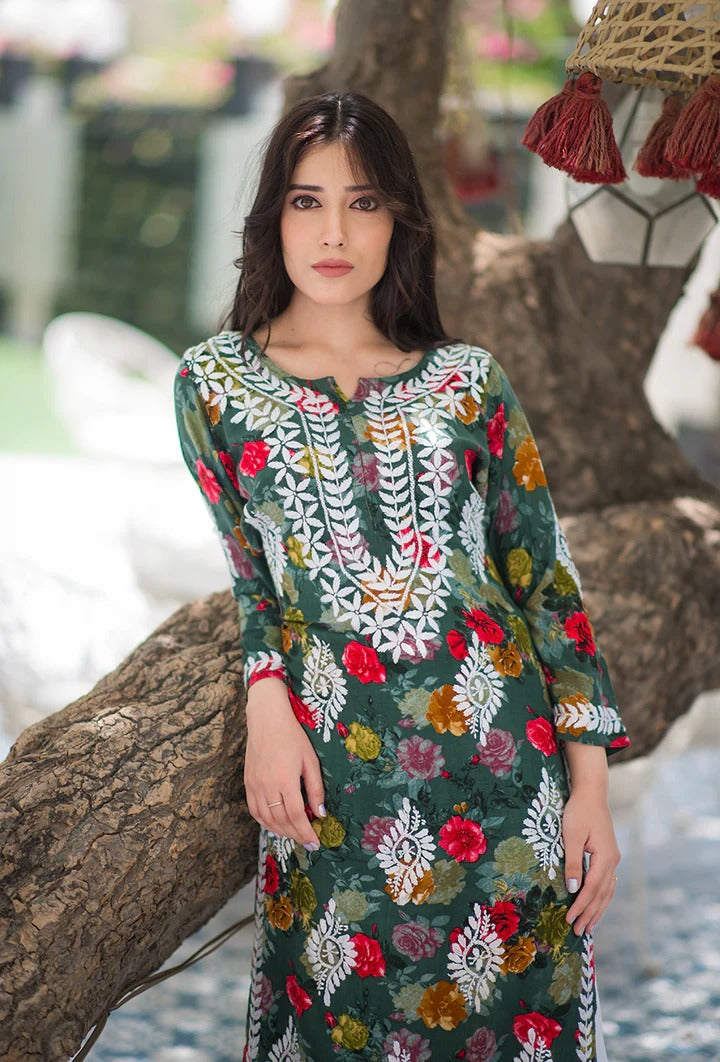 Nigaar Straight Fit Floral Print Rayon Kurti with Lucknowi Hand Embroidery for All Occasions