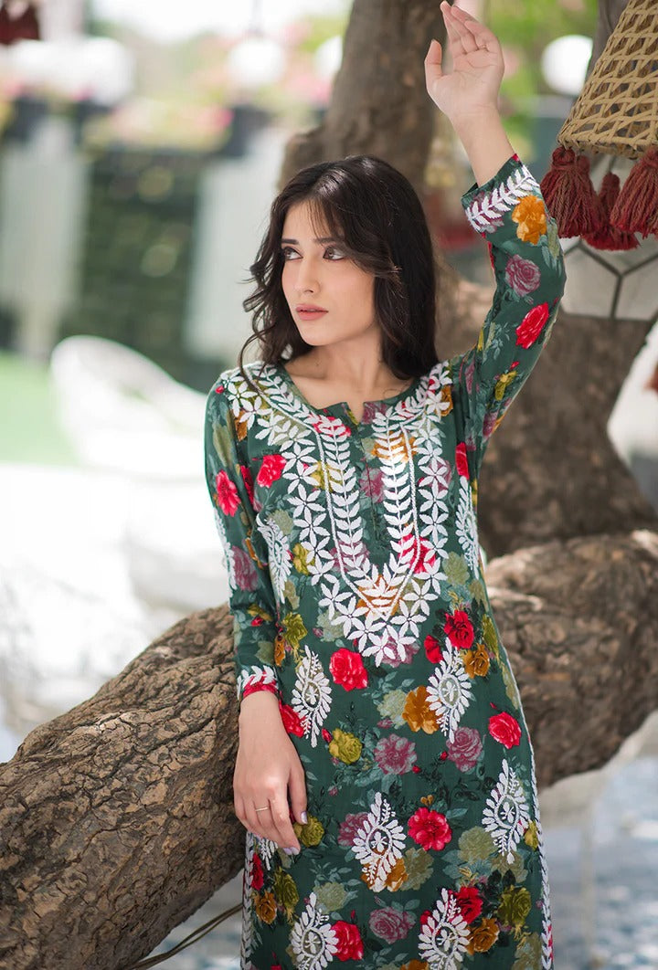 Nigaar Straight Fit Floral Print Rayon Kurti with Lucknowi Hand Embroidery for All Occasions