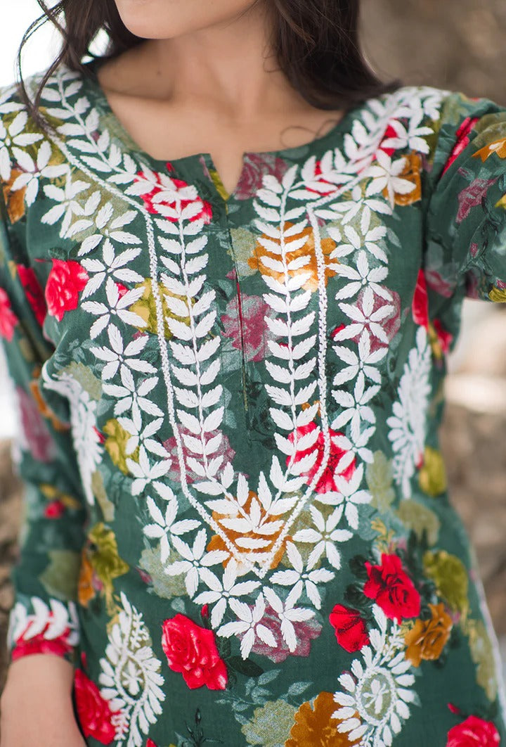 Nigaar Straight Fit Floral Print Rayon Kurti with Lucknowi Hand Embroidery for All Occasions