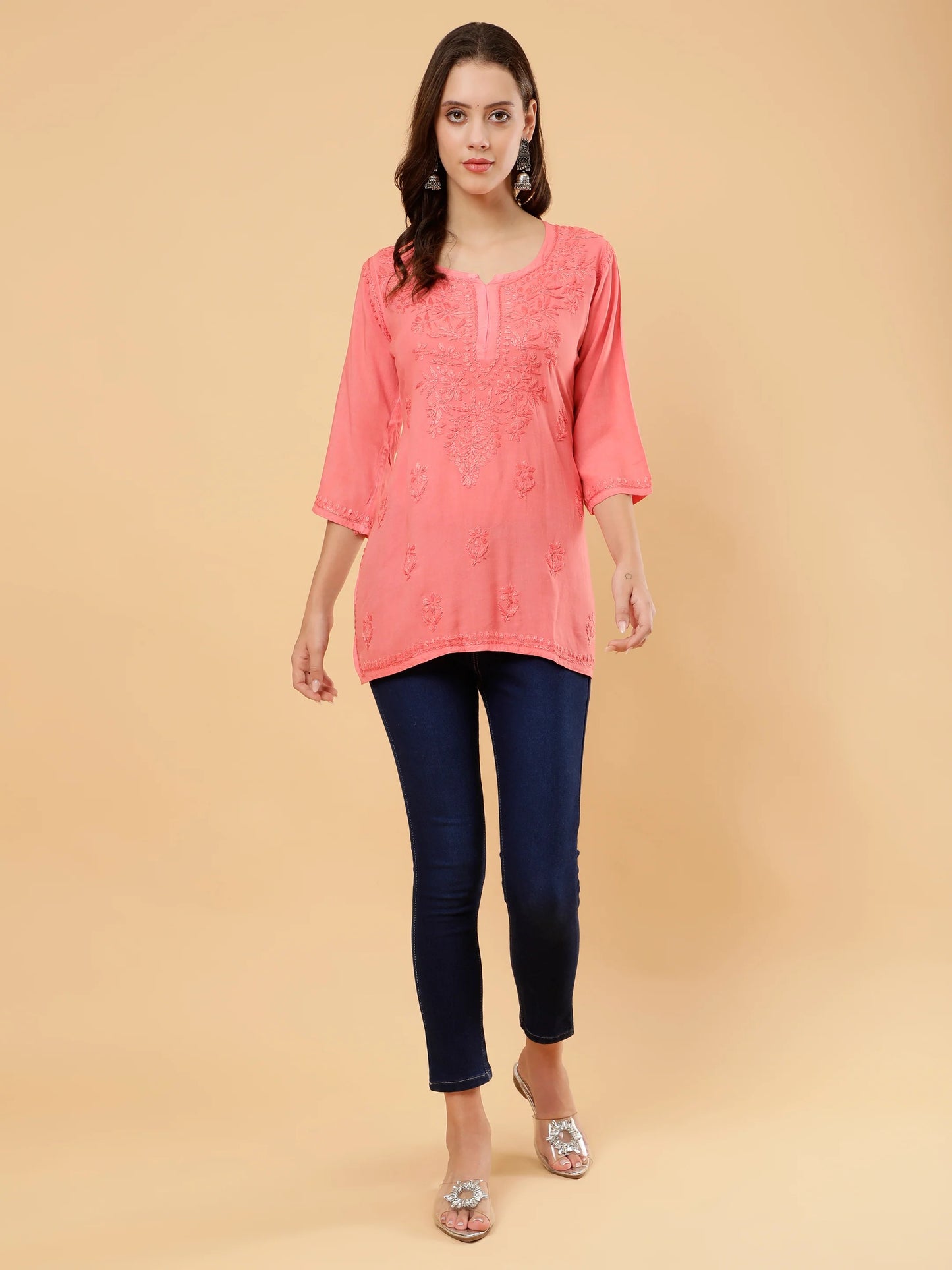 Dyed Short Rayon Lucknowi Chikankari Top for Women | Comfortable & Non-Transparent Short Kurti