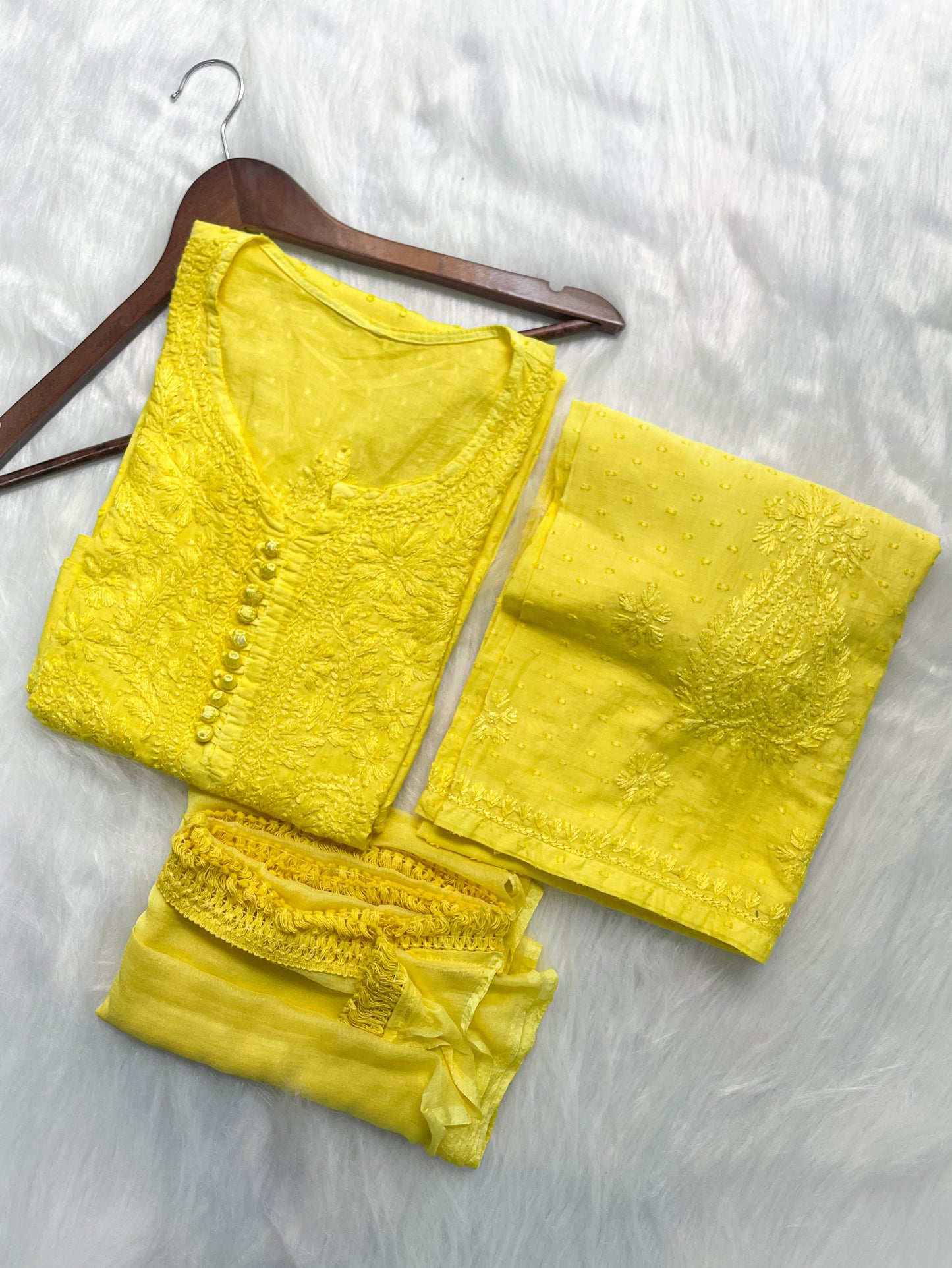 Trana Handcrafted Dyed Lucknowi Chikankari Cotton Kurti, Palazzo & Dupatta Set