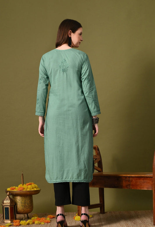 Aqua green Zawiya Dyed Regular Size Mulmul Cotton Chikankari Kurti with Lace Detailing – Perfect for Every Occasions, malabis.in