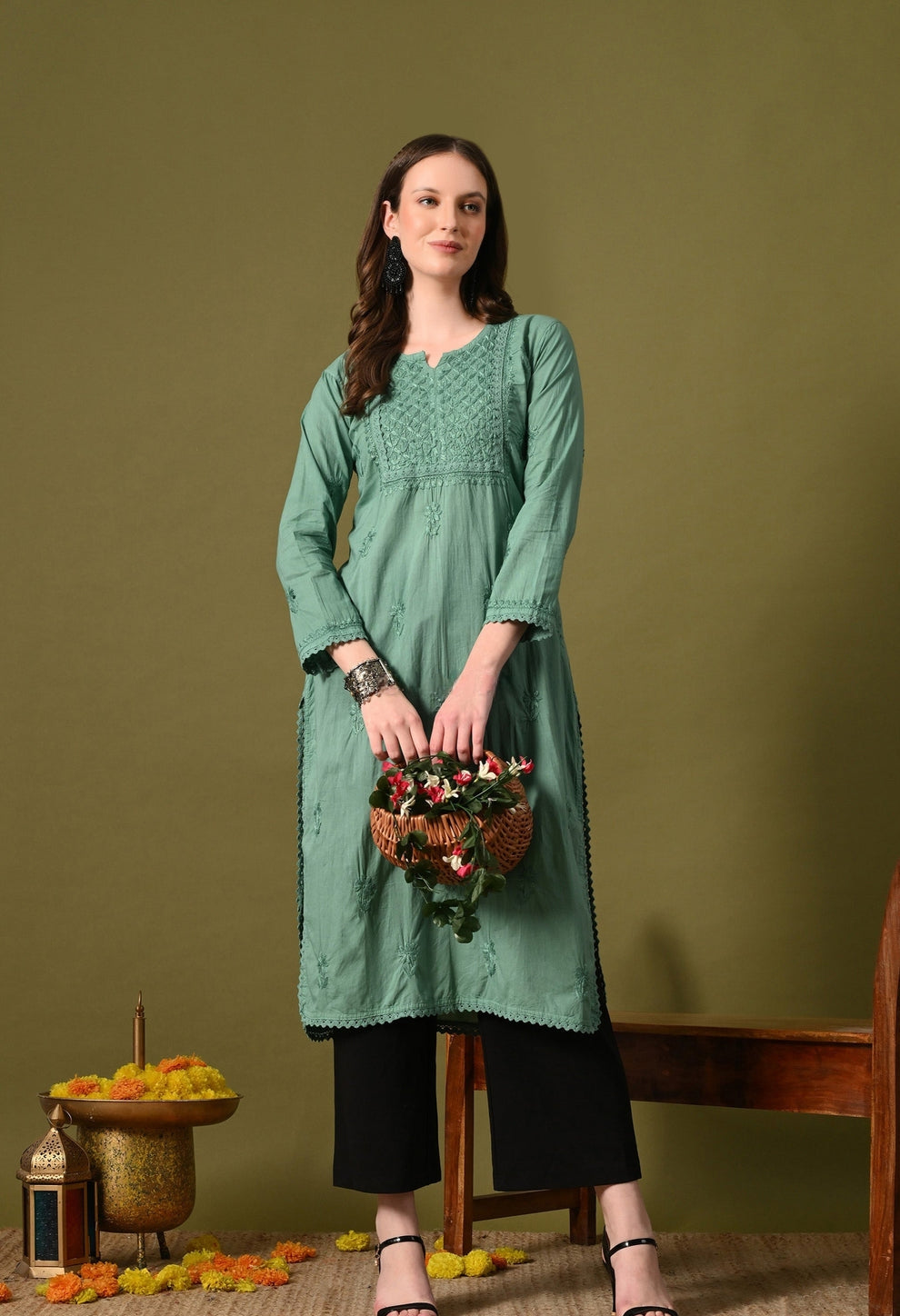 Zawiya Dyed Regular Size Mulmul Cotton Chikankari Kurti with Lace Detailing – Perfect for Every Occasions