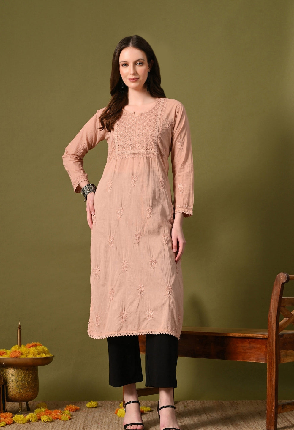 Zawiya Dyed Regular Size Mulmul Cotton Chikankari Kurti with Lace Detailing – Perfect for Every Occasions